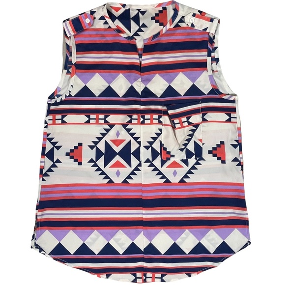 Size small-medium cute, thin, colorful Aztec design top, split neck, curved hem - Picture 1 of 11